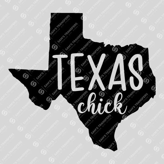 Apparel featuring a Texas Chick-themed DTF transfer.