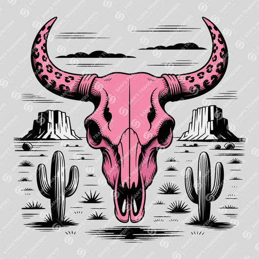 Apparel featuring a Pink Bull Skull Desert-themed DTF transfer.