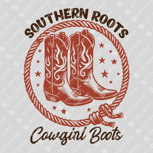 Apparel featuring a Southern Roots Cowgirl Boots-themed DTF transfer.