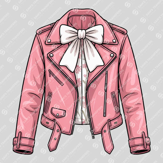 Apparel featuring a Pink Leather Jacket Bow-themed DTF transfer.