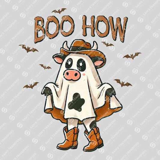 Apparel featuring a Boo How Ghost Cow-themed DTF transfer.