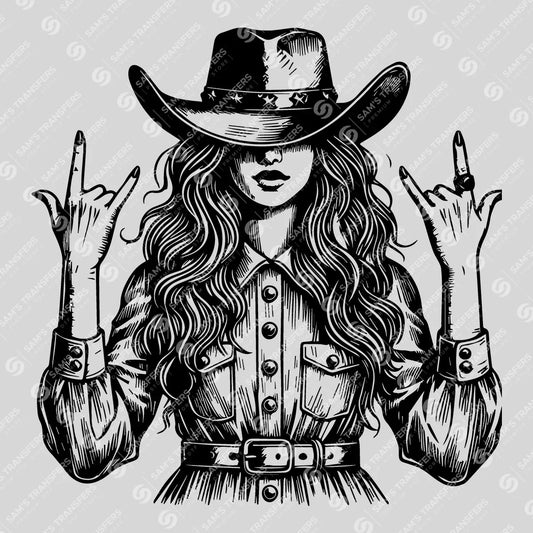 Apparel featuring a Western Rock On Cowgirl-themed DTF transfer.