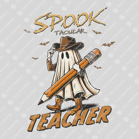Apparel featuring a Spooktacular Teacher-themed DTF transfer.