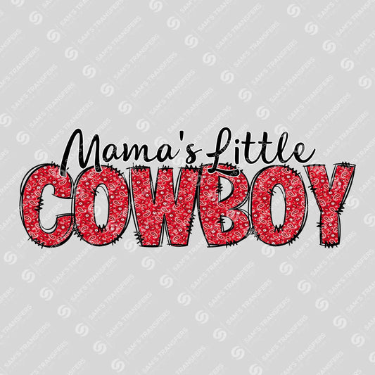 Apparel featuring a Mama's Little Cowboy Red-themed DTF transfer.