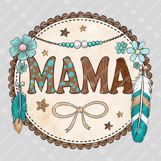 Apparel featuring a Mama Boho Feather-themed DTF transfer.