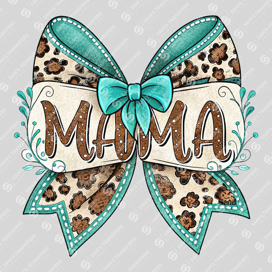 Apparel featuring a Mama Teal Bow-themed DTF transfer.