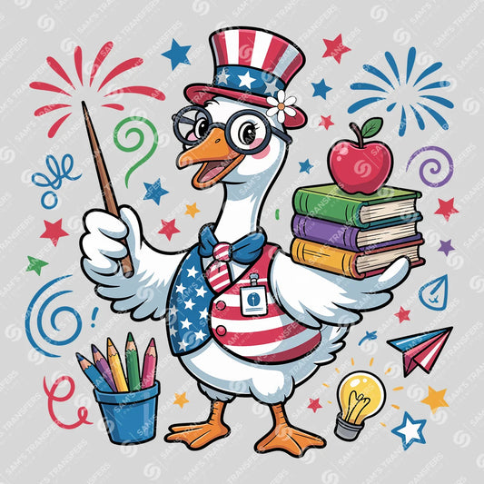 Apparel featuring a Patriotic Teacher Goose-themed DTF transfer.