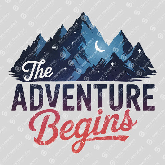 Apparel featuring a The Adventure Begins-themed DTF transfer.