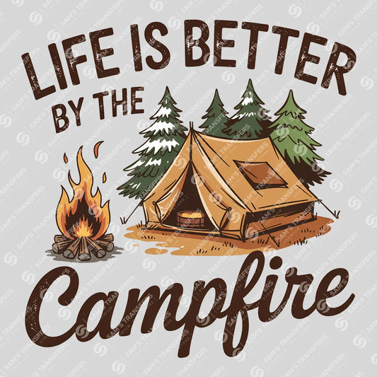 Apparel featuring a Life Is Better by the Campfire-themed DTF transfer.