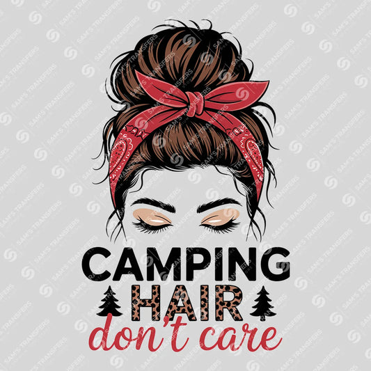 Apparel featuring a Camping Hair Don't Care-themed DTF transfer.