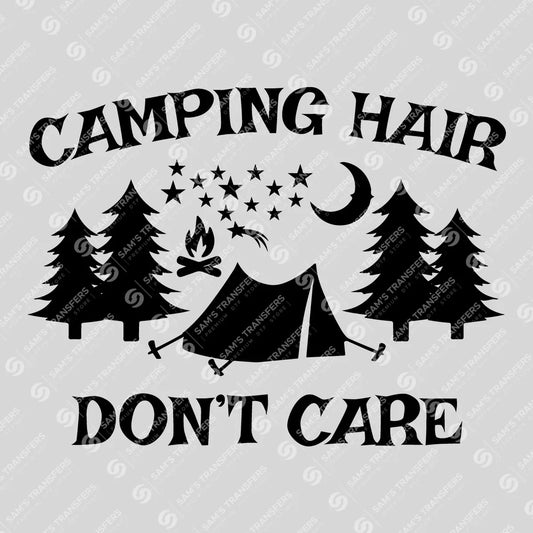 Apparel featuring a Camping Hair Don't Care Tent-themed DTF transfer.
