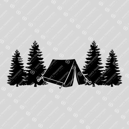 Apparel featuring a Tent in the Trees-themed DTF transfer.