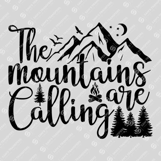 Apparel featuring a The Mountains Are Calling-themed DTF transfer.
