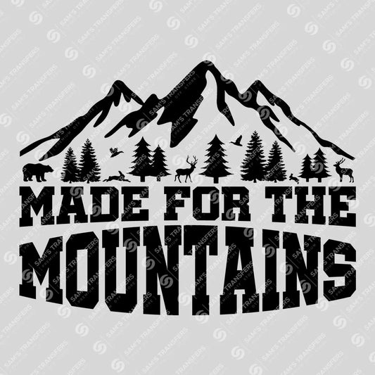 Apparel featuring a Made for the Mountains-themed DTF transfer.