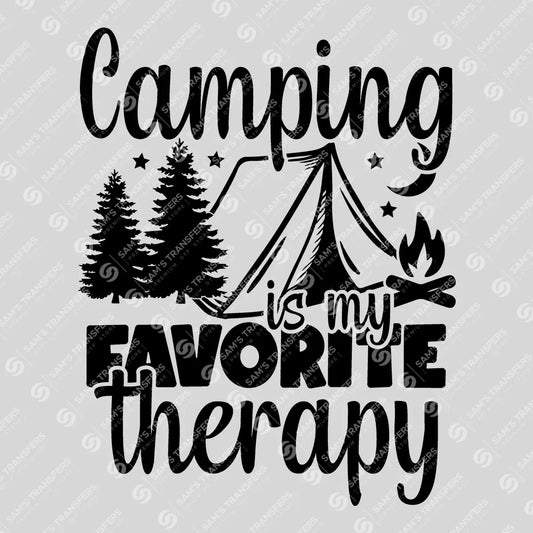 Apparel featuring a Camping Is My Favorite Therapy-themed DTF transfer.