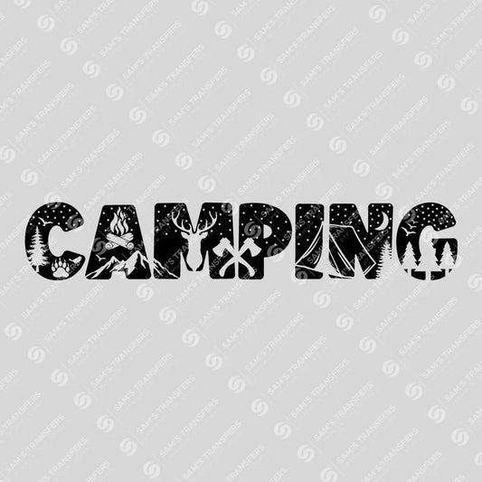 Apparel featuring a Camping Wilderness Letters-themed DTF transfer.