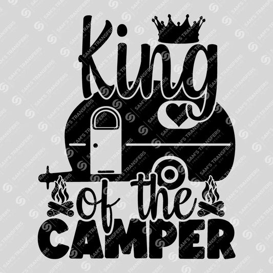 Apparel featuring a King of the Camper Campfire-themed DTF transfer.