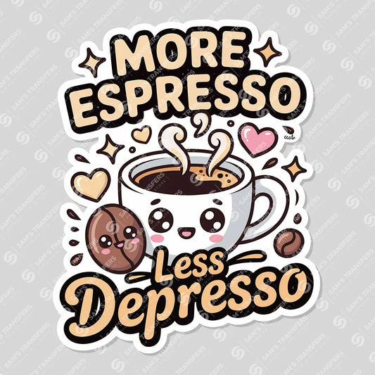Apparel featuring a More Espresso Less Depresso-themed DTF transfer.