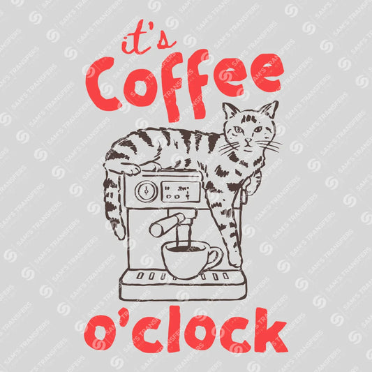 Apparel featuring a It's Coffee O'Clock-themed DTF transfer.