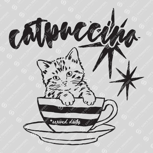 Apparel featuring a Catpuccino-themed DTF transfer.