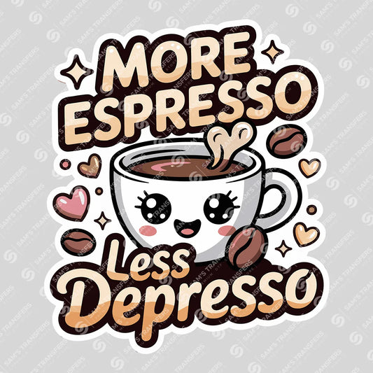 Apparel featuring a More Espresso Less Depresso-themed DTF transfer.