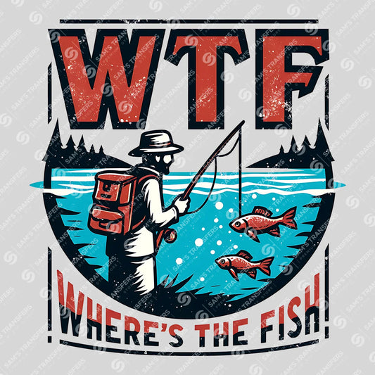 Apparel featuring a WTF Where's The Fish-themed DTF transfer.