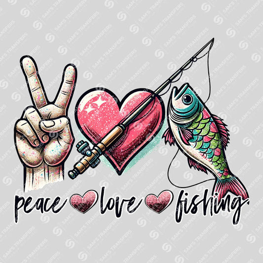 Apparel featuring a Peace Love Fishing-themed DTF transfer.