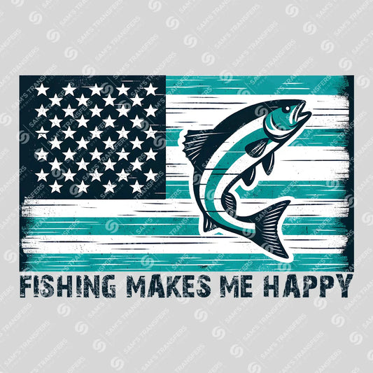 Apparel featuring a Fishing Makes Me Happy-themed DTF transfer.