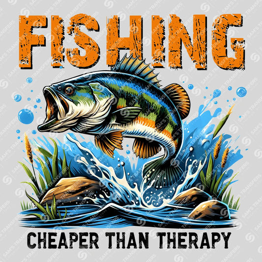 Apparel featuring a Fishing Cheaper Than Therapy-themed DTF transfer.