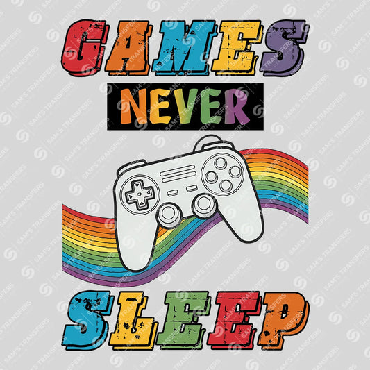 Apparel featuring a Games Never Sleep-themed DTF transfer.