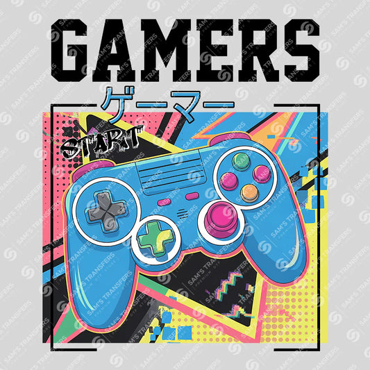 Apparel featuring a Gamers-themed DTF transfer.