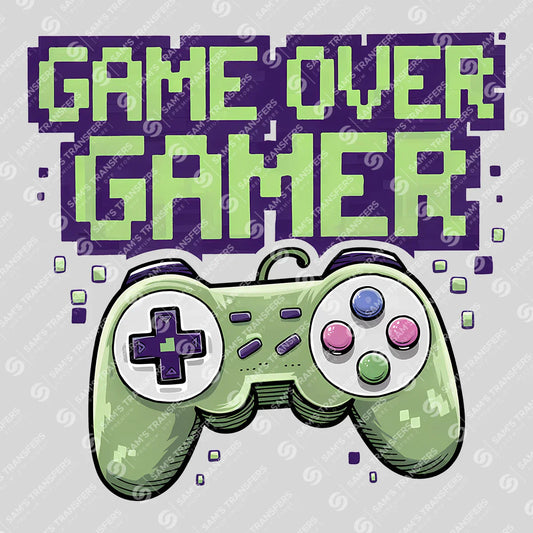 Apparel featuring a Game Over Gamer-themed DTF transfer.