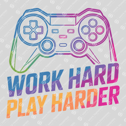Apparel featuring a Work Hard Play Harder-themed DTF transfer.