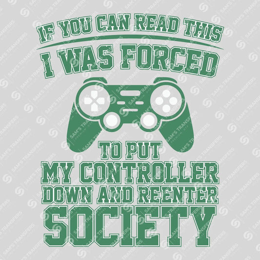 Apparel featuring a Forced To Reenter Society-themed DTF transfer.