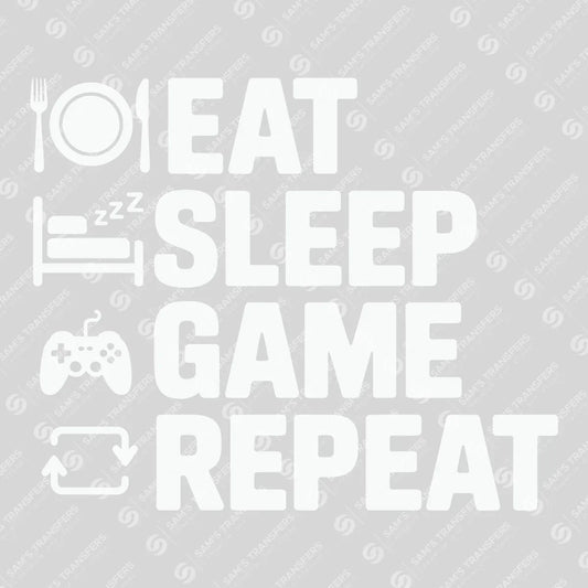 Apparel featuring a Eat Sleep Game Repeat-themed DTF transfer.