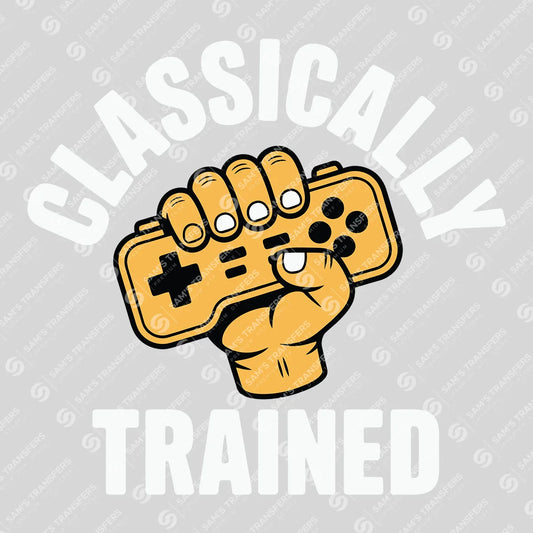 Apparel featuring a Classically Trained-themed DTF transfer.