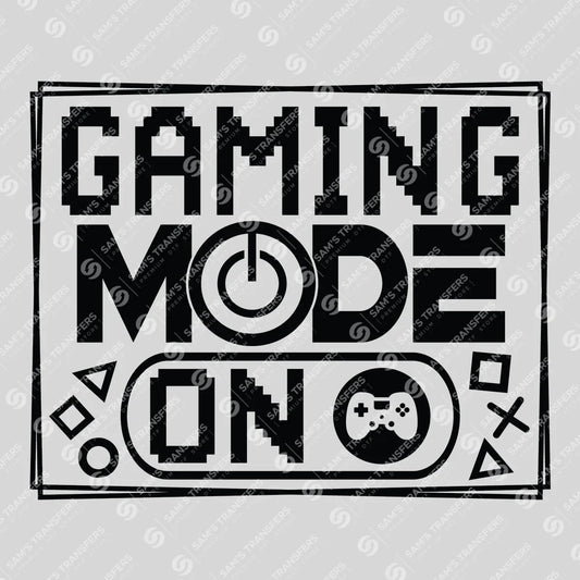 Apparel featuring a Gaming Mode On-themed DTF transfer.