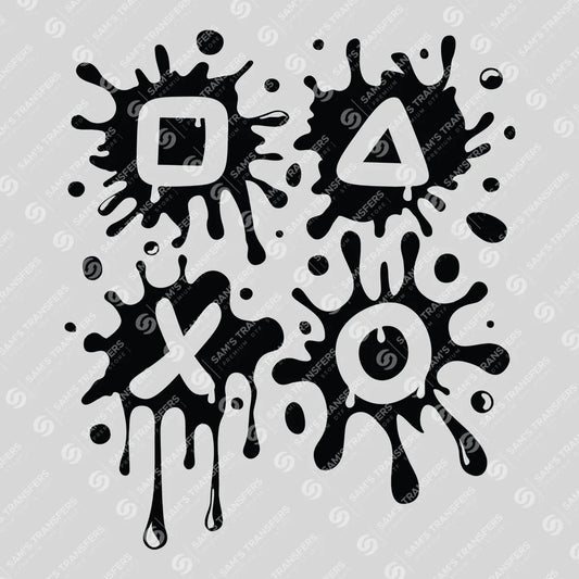 Apparel featuring a Gamer Button Splatter-themed DTF transfer.