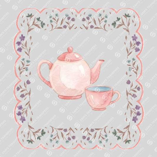 Apparel featuring a Pink Teapot And Teacup-themed DTF transfer.