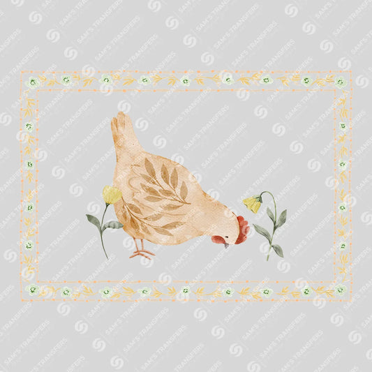 Apparel featuring a Hen With Flowers Frame-themed DTF transfer.