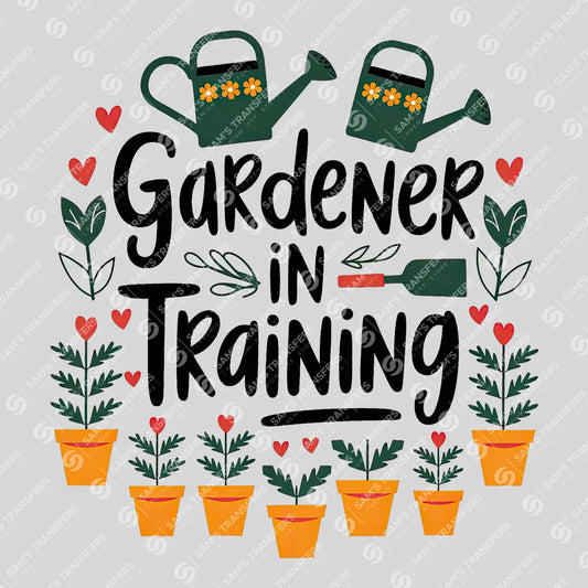 Apparel featuring a Gardener In Training Watering Cans-themed DTF transfer.