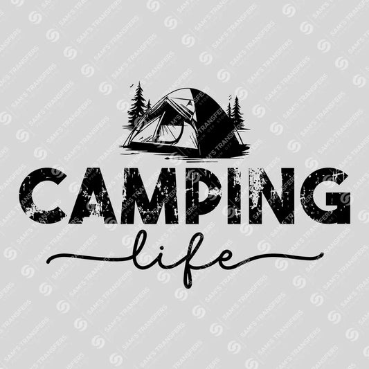 Apparel featuring a Camping Life-themed DTF transfer.