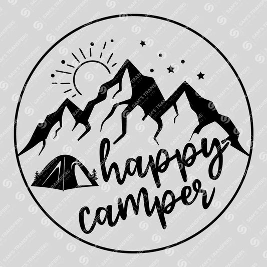 Apparel featuring a Happy Camper-themed DTF transfer.