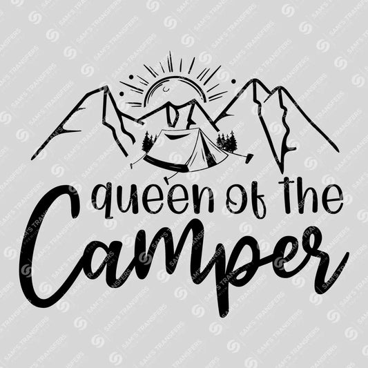 Apparel featuring a Queen Of The Camper-themed DTF transfer.