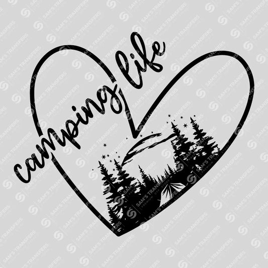 Apparel featuring a Camping Life Heart-themed DTF transfer.
