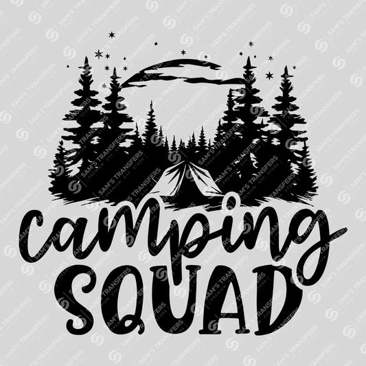 Apparel featuring a Camping Squad-themed DTF transfer.