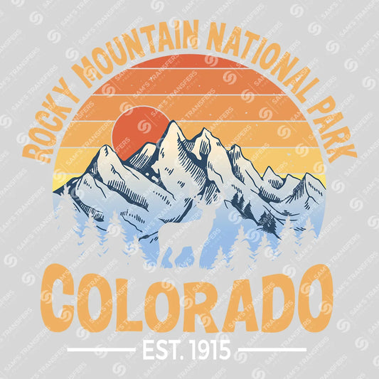 Apparel featuring a Rocky Mountain National Park Colorado-themed DTF transfer.