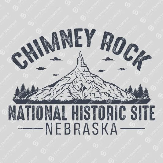 Apparel featuring a Chimney Rock Nebraska Vintage-themed DTF transfer.