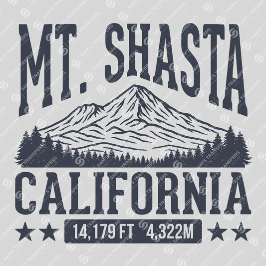 Apparel featuring a Mount Shasta California Elevation-themed DTF transfer.