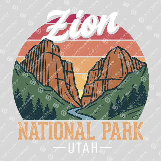 Apparel featuring a Zion National Park Retro-themed DTF transfer.